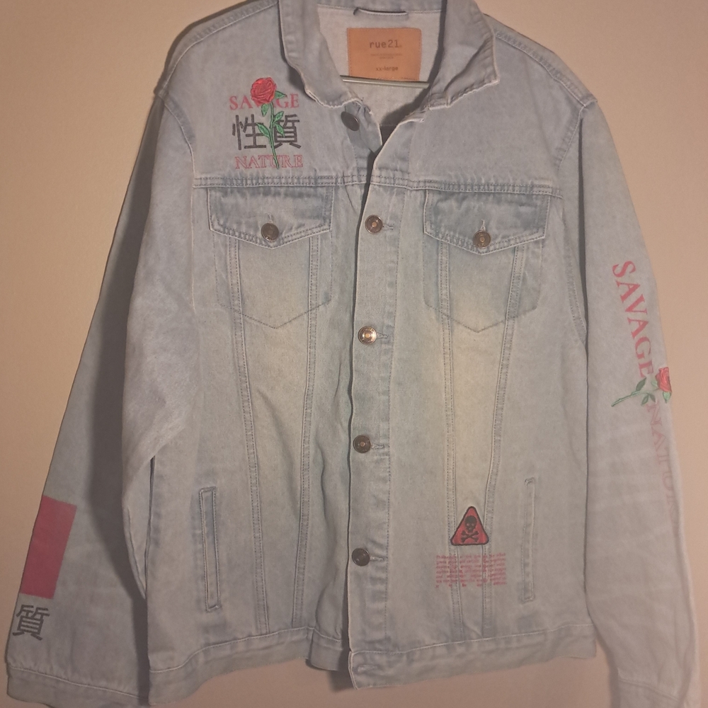 Rue21 Denim Jacket with Red Roses And Graphics